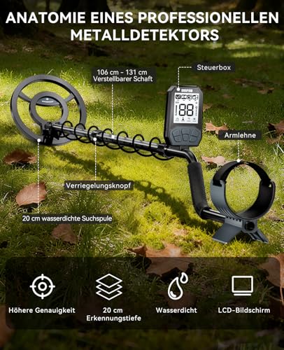 SUNPOW Wiederaufladbarer Metalldetektor für Erwachsene & Kinder – 20 Std. Akkulaufzeit, 4 Modi Golddetektor, 20 cm IP68 wasserdichte Suchspule, LCD mit Hintergrundbeleuchtung – OTMD17 2