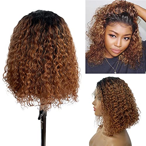 Ombre Brown Human Hair Wig Short Curly Bob Lace Wigs Dark Roots to Brown Ombre 13x1 T Part Swiss Lace Brazilian Virgin Curly Bob Hair Wigs for Women Pre Plucked 8 Inch