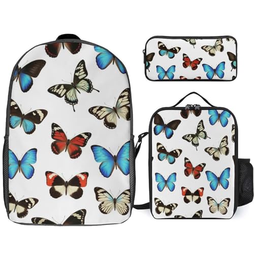 3 Pcs Backpack Set Travel Backpack Casual 17 Inch Daypack Butterfly College Bookbag with Insulated Lunch Bag and Pencil Pouch