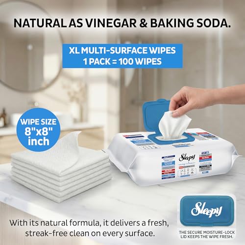 Image of Sleepy Easy Clean XL Heavy Duty Cleaning Wipes (100 Count) - Chlorine-Free Bleach & Vinegar Formula - Large 8 inchx8 inch Multi Surface Scrubbing Wipes for Bathroom, Grout, Tile, Glass, Carpet Spots & Stain