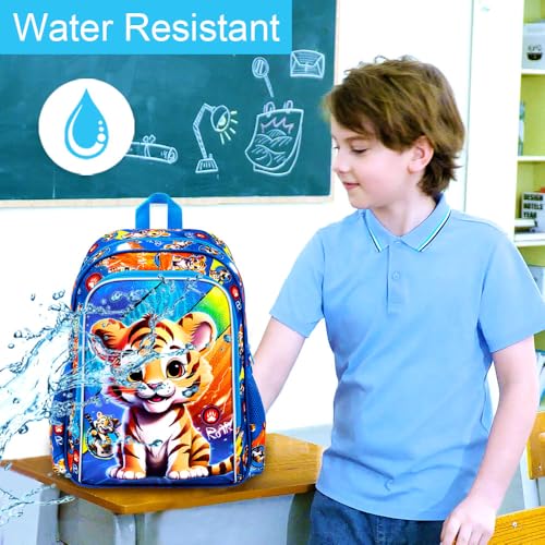 Image of 16 inch Boys Backpack, Kids Bookbag with Lunch Box, 3Pcs Tiger School Backpacks for Elementary Preschool Kindergarten (Blue)