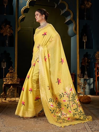 Image of MADHUHANSH Women's Cotton Linen Saree with Unstitched Blouse Piece and Floral Printed Pattern | Women Saree for Special Occasion | Stylish Modern Sarees