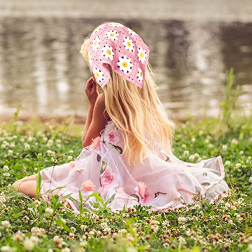 Yanmucy 2 PCS Crochet Hair Bandanas for Women Boho Floral Head Scarf Crocheted Triangle Head Scarf Vintage Flowers Hair Scarf3