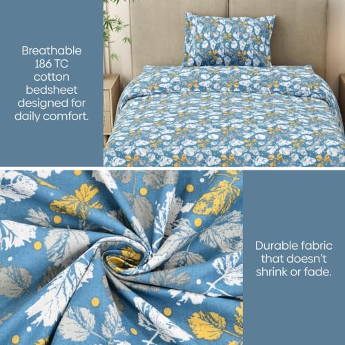 Image of Haus & Kinder Bedsheet for Single Bed Cotton, 58 x 98 Inches Single Bedsheet with 1 Pillow Cover, Pure Cotton 186 TC, Soft & Silk Bedsheet for Single Bed - Golden Birch Symphony