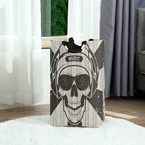 Wäschesack,Menschlicher Schädel Hut Brille Kopfhörer Art Audio Band Black Bone Danger Dead,Großer faltbarer Wäschekorb,zusammenklappbarer