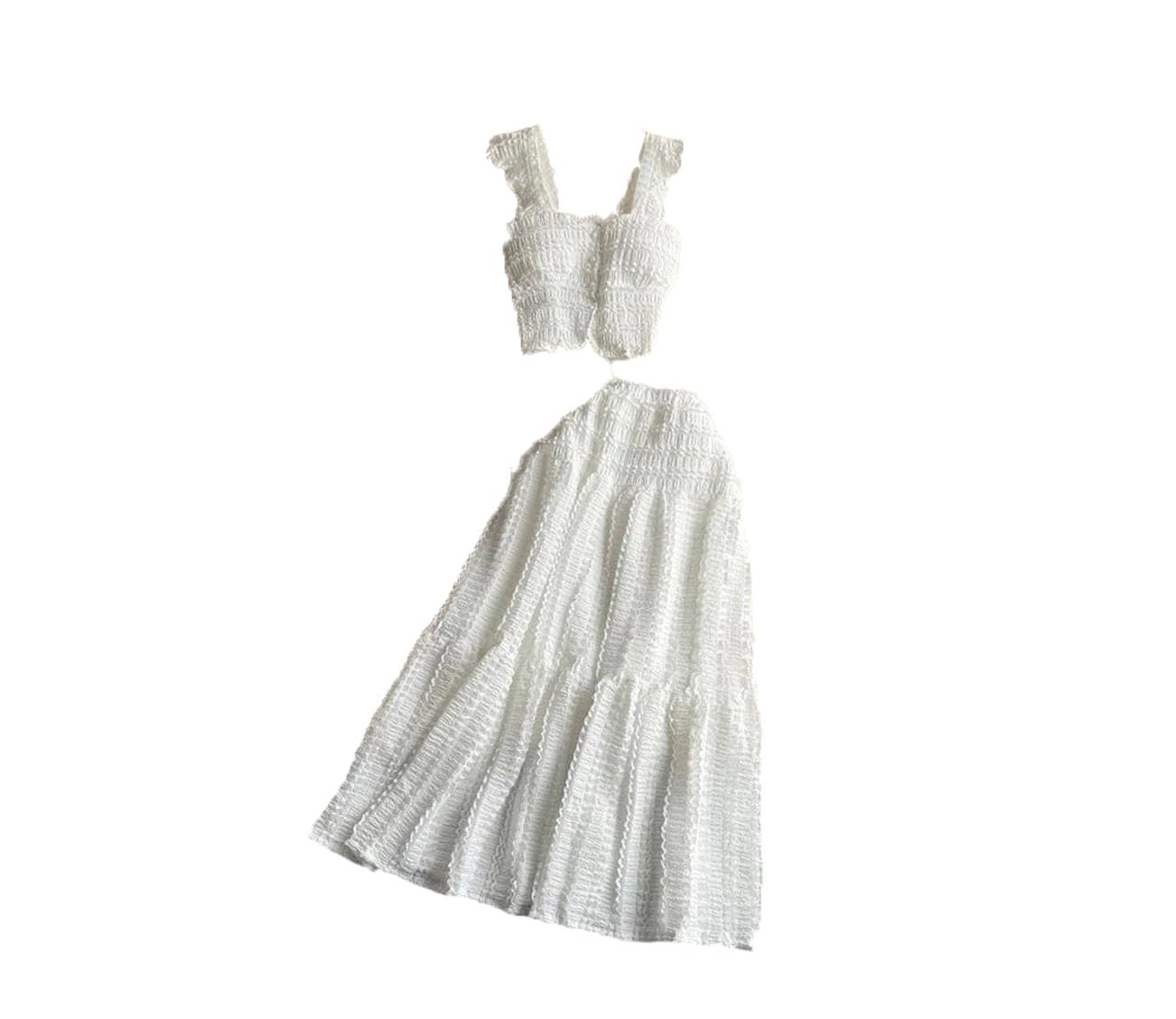 Set di due pezzi da donna senza maniche con volant in pizzo con spalline sottili top corto e gonna lunga 2 set