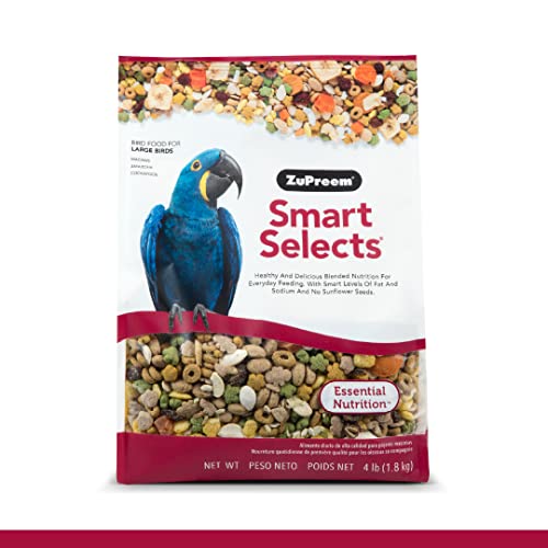 ZuPreem Smart Selects Bird Food, Daily Nutrition for Amazons, Cockatoos, and Macaws, Bird Feed Pellets and Seed Blend, Cockatoo Food, Macaw Diet, Made in USA, (Large, 4 lb bag)