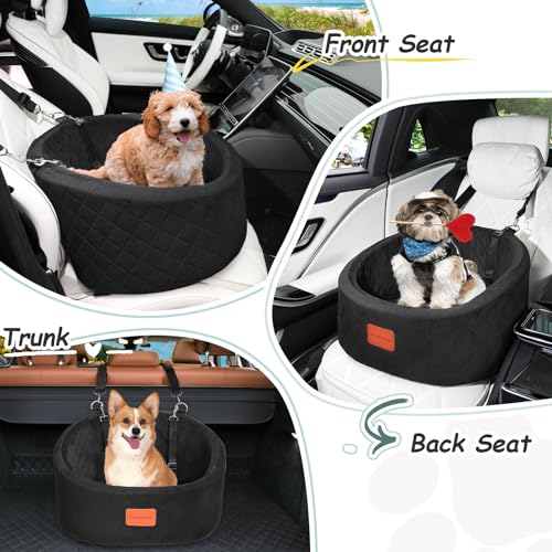 Lealchum Hunde-Autositz, bequemer Haustier-Autositz mit Sicherheitsleinen zum Anklippen, waschbares Reise-Autobett mit Rutschfester Unterseite (Black, Small)