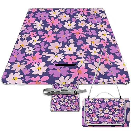 Modern-Floral-Pattern Picnic Blanket Waterproof Foldable, Large Outdoor Picnic Blanket Beach Blankets Camping Blanket Travel Mat, Shoulder Strap Tote, Rectangle 58x58in