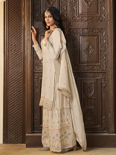 Image of Designer Palazzo Sharara Suit Set with Embroidered Dupatta, Traditional Indian Ethnic Dress, White and Black Variants