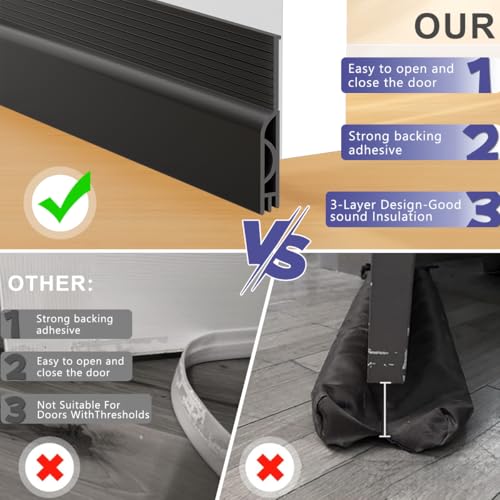 Image of Door Draft Stopper, Adjustable Silicone Weather Stripping Door Bottom Seal Blocker Air Noise, Under Door Gap Filler for Interior /Exterior Doors (Black, 39 inch)