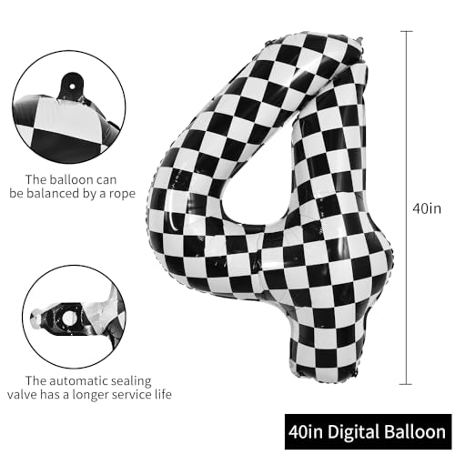 Image of TONIFUL 40 Inch Large Checkered Number 4 Balloon 4th Birthday Decorations