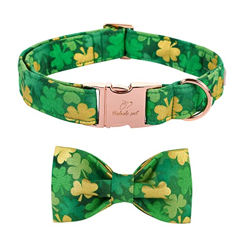 Babole Pet Dog Collar with Bow Tie Cotton Clover Green Dog Collar Girl Adjustable Puppy Collars with Quick Release Buckle as for Small Medium Large Dogs (S)…