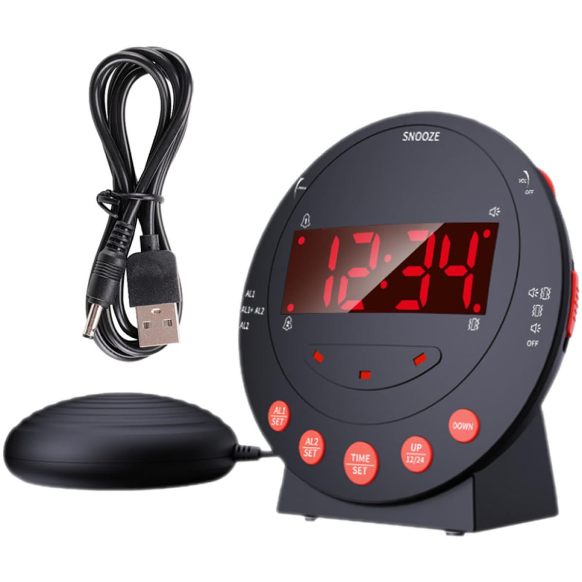 Schwarzer Vibrationswecker mit Starkem Bettvibrator und Digitalanzeige