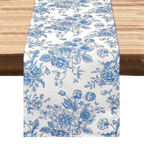 Dremisland Blue Table Runner Farmhouse 95 Inch Retro Monochrome Sketch Rose Table Runner Rustic Table Cover Spring Kitchen Dining Table Decoration for Home Party Decor