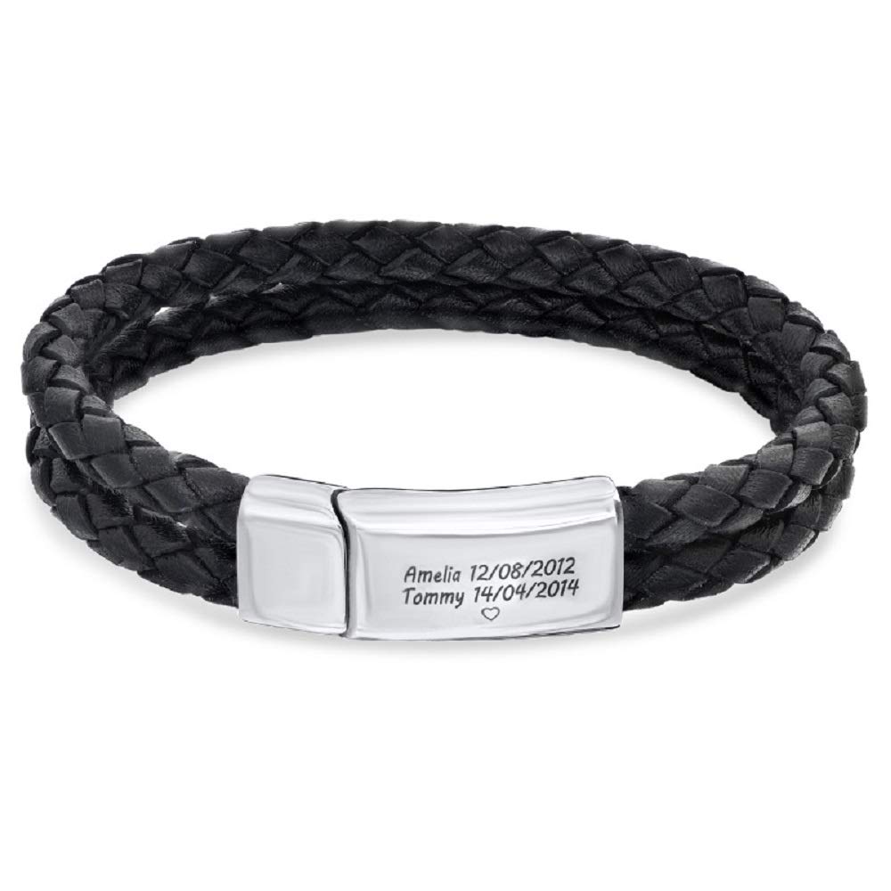 MyNameNecklace Bracelet pour homme gravé en acier inoxydable et cuir noir avec initiales personnalisables - Cadeau de fête des pères pour lui