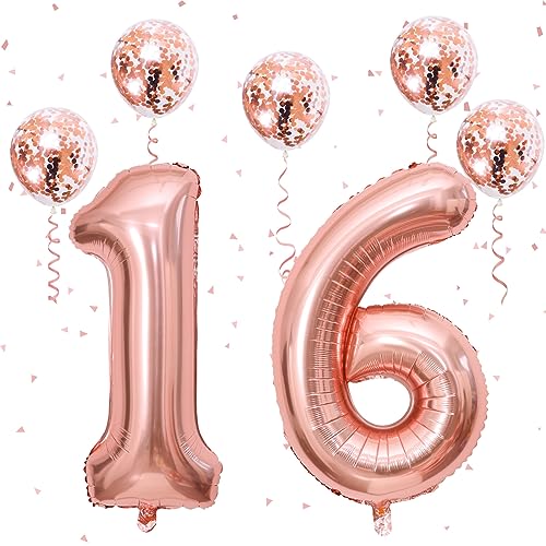 Image of 16th Birthday Number Balloons for Girls, 40 Inch Foil Self Inflating Number 16 Balloons with Rose Gold Confetti Balloons, Large 1 & 6 Balloons for Women 61st Birthday Party Anniversary Decor Supplies