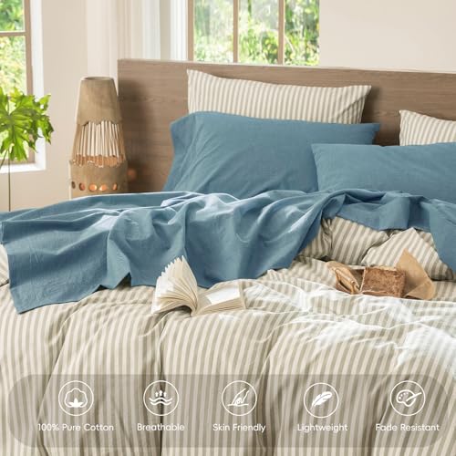Image of MooMee Bedding Sheet Set 100% Washed Cotton Linen Like Textured Breathable Durable Soft Comfy (Heathered Peacock Blue, Queen)