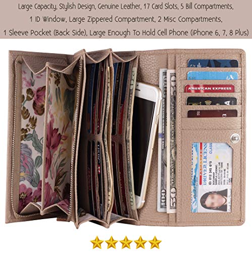 Image of Women's Top Grain Leather Wallet, RFID Blocking Bifold clutch, 17 Card Slots, Zip Pocket Organizer, Elegant Gift for Women - Birthday, Valentine, Anniversary - OFF WHITE