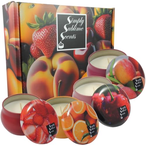 SIMPLY SUBLIME SCENTS - Luxury Scented Candle Gift Set - Soy Wax - Cherry, Orange, Peach, Strawberry - 4 Tins - Exceptional Fragrance Oils - Our Clever Wax Formula Lasts Longer - Cotton Wicks