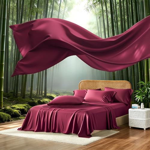 Image of 100% Viscose Derived from Bamboo Sheets King Size,Soft & Cooling Viscose from Bamboo Sheets Set, Organically Grown,Breathable & Soft Deep Pocket Up to 18 Inches(Burgundy)