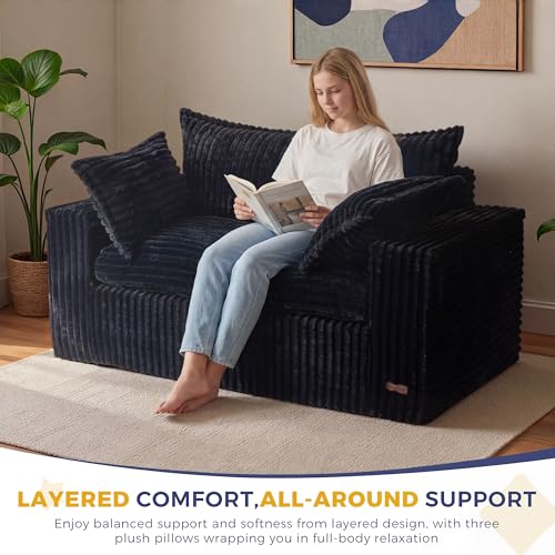 Image of MAXYOYO 59 inch Bean Bag Sofa Couch, Loveseat Boneless Couch in a Box, Upholstered Small Mini Sofa with Deep Seating for Living Room Bedroom Office Apartment, No Assembly, Black