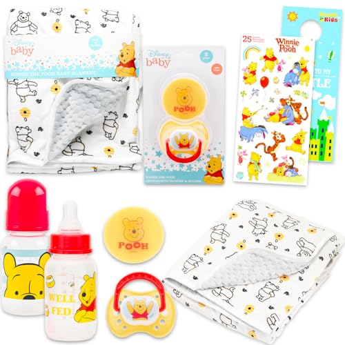 Image of Disney Winnie The Pooh Baby Gift Set - 6 Pc Newborn Essentials Bundle with Blanket, Pacifier, Bottle, Scrapbook Stickers, More | Baby Shower Gifts for Girls, Boys