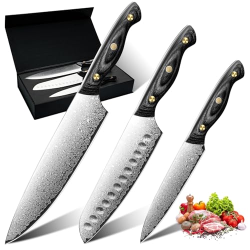Purple Dragon Damast Kochmesser 3er Set - Santoku Messer Set mit VG10 Kernen – Damast Küchenmesser mit Ebenholzgriff für Fleisch, Gemüse und Obst...
