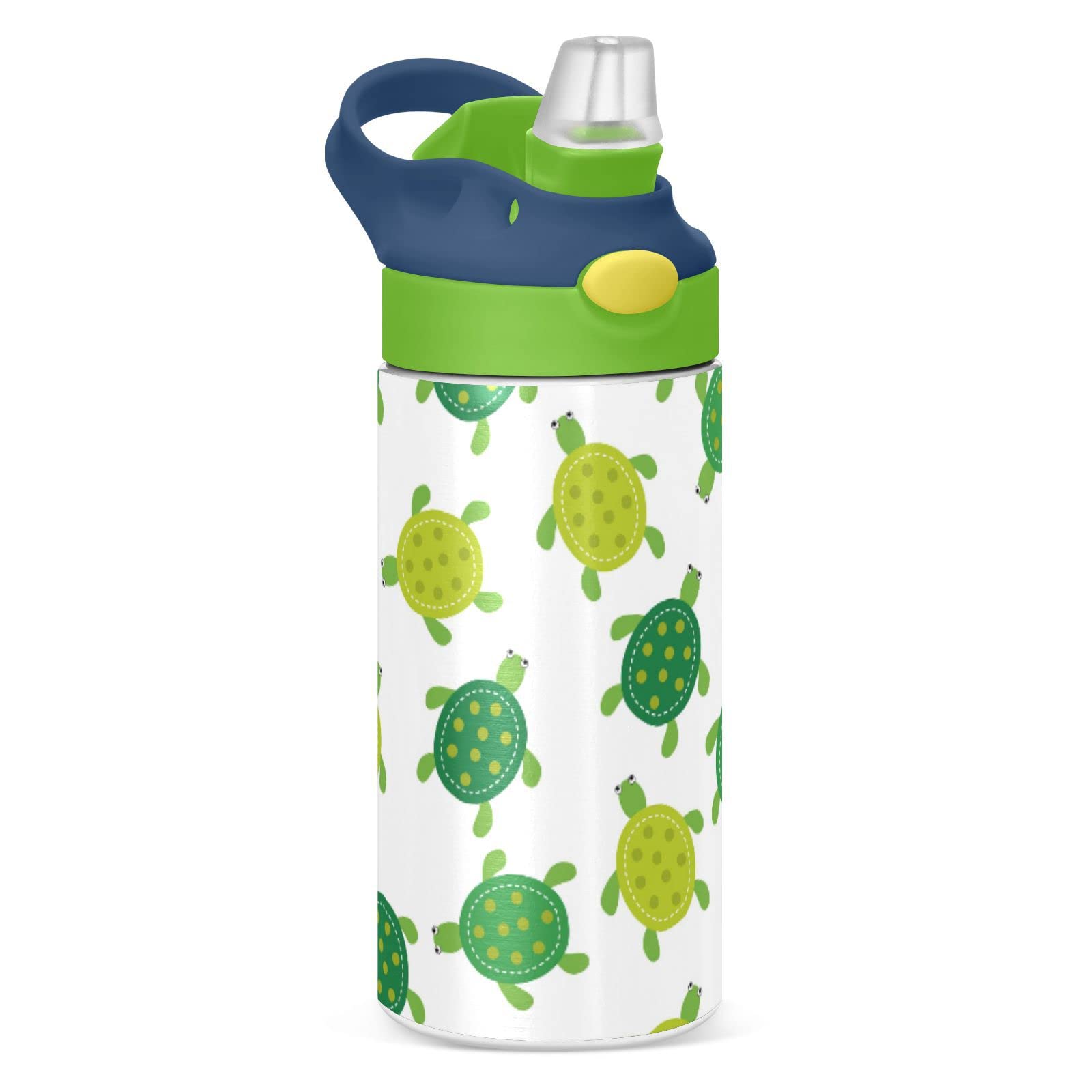 Poeticcity Seamless Green Turtles on White Tumbler with Lid & Straw, Boys Girls Stainless Steel Double Wall Cup Water Bottle BPA-Free Vacuum Insulated Thermal Mug 11.8 Oz