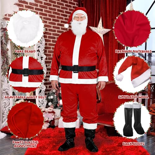 GLOSKIN 7 in 1 Weihnachtsmann Kostüm Set, Nikolaus Kostüm mit Mütze, Bart, Oberteil, Gürtel, Hose, stiefel und Geschenktüte für Weihnachts-Rollenspielpartys, Weihnachtsfeiern, Karneval und Theme