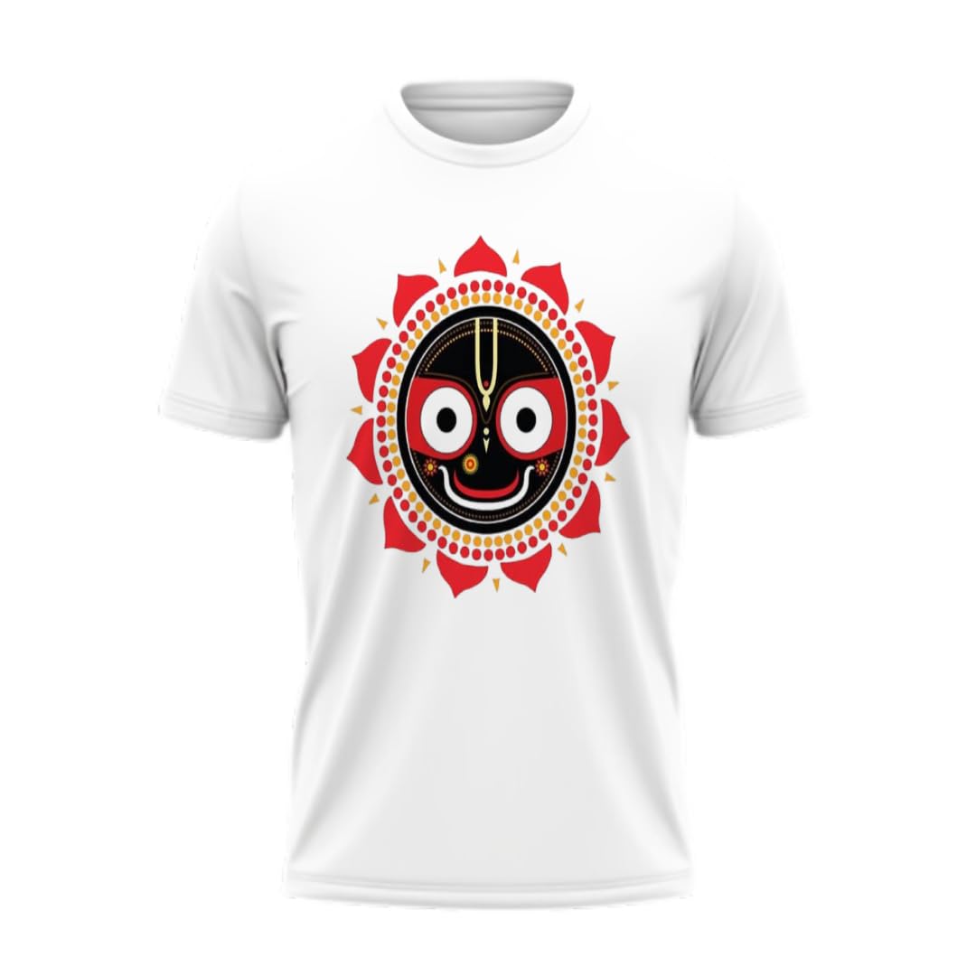 Jai Jagannath Face Print Graphic Print Unisex Kids Poly-Cotton T-Shirt | Sizes 20 to 34, 80% Cotton 20% Polyester, Quick Drying, Lightweight & Breathable, Multiple Design Options-image-0