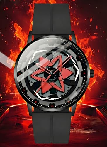 Image of Oculus Men's 3D Car Wheel Rotating Watch, Luxury Sport Quartz, Black and Red, Hollow Hub Dial, Magnetic Silicone Strap (Red Eye)