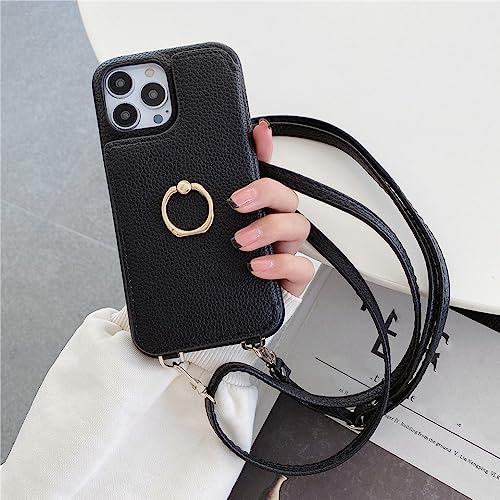 Lanière bandoulière et étui portefeuille cuir pour iPhone 13 Pro Max noir chic