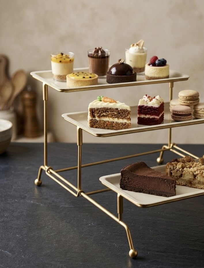 Image of Metal Snacks Organizer Buffet Server Black and White, 3-Tier Metal Serving Tray - Tiered Display Stand for Dessert, Cake Stand for Cake Cutting and Decor