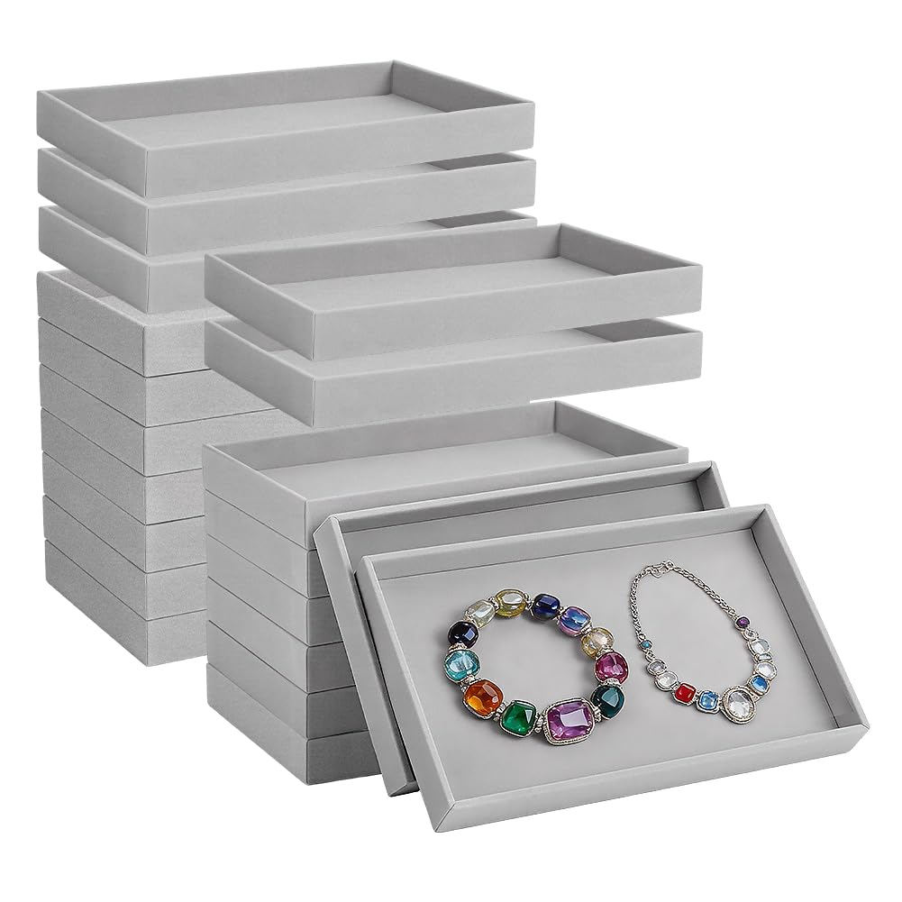 20 bandeja de joyería de terciopelo pequeña bandeja de almacenamiento decorativa de oficina para joyas (21 x 12,5 x 2,3 cm) pendientes y anillos, collares y pulseras. Gris (1 rejilla)