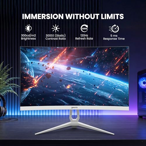Image of GEONIX Neon 27-Inch Curved Full HD Monitor (68.58 cm) 120Hz Refresh Rate, 5ms Response Time, 3000:1 Contrast Ratio, Built-in Speakers, 1920x1080, White, 3-Year Warranty