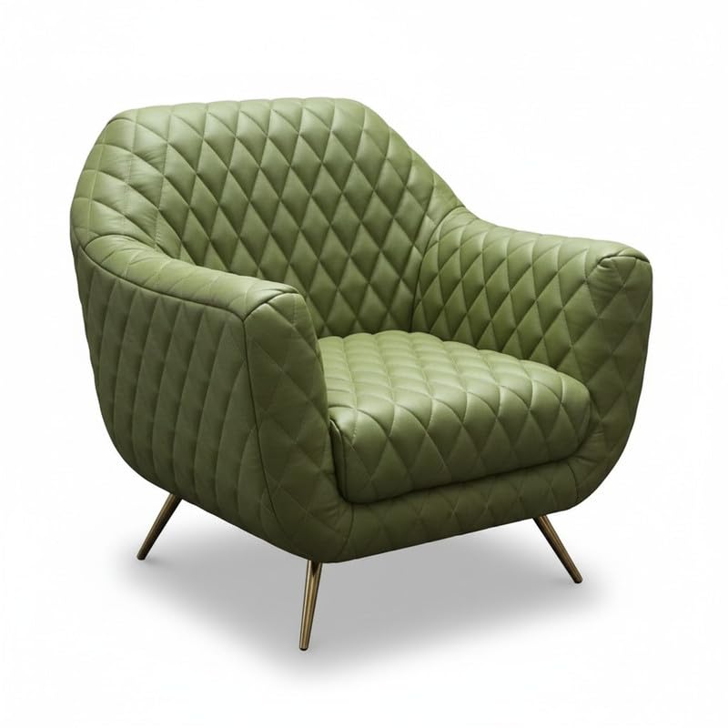 Hestia Diamond Quilted Accent Chair, Faux Leather Barrel Lounge Armchair with Gold Metal Legs for Living Room, Bedroom & Office, Large Single Seater (Sage Green)-image-17