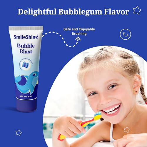 Image of SMILOSHINE Kids Bubble Blast Gel Toothpaste 80g Pack of 2| Bubble Gum Flavor with Glow in The Dark Fun | Low Fluoride Formula for Kids Daily Oral Care & Fresh Breath