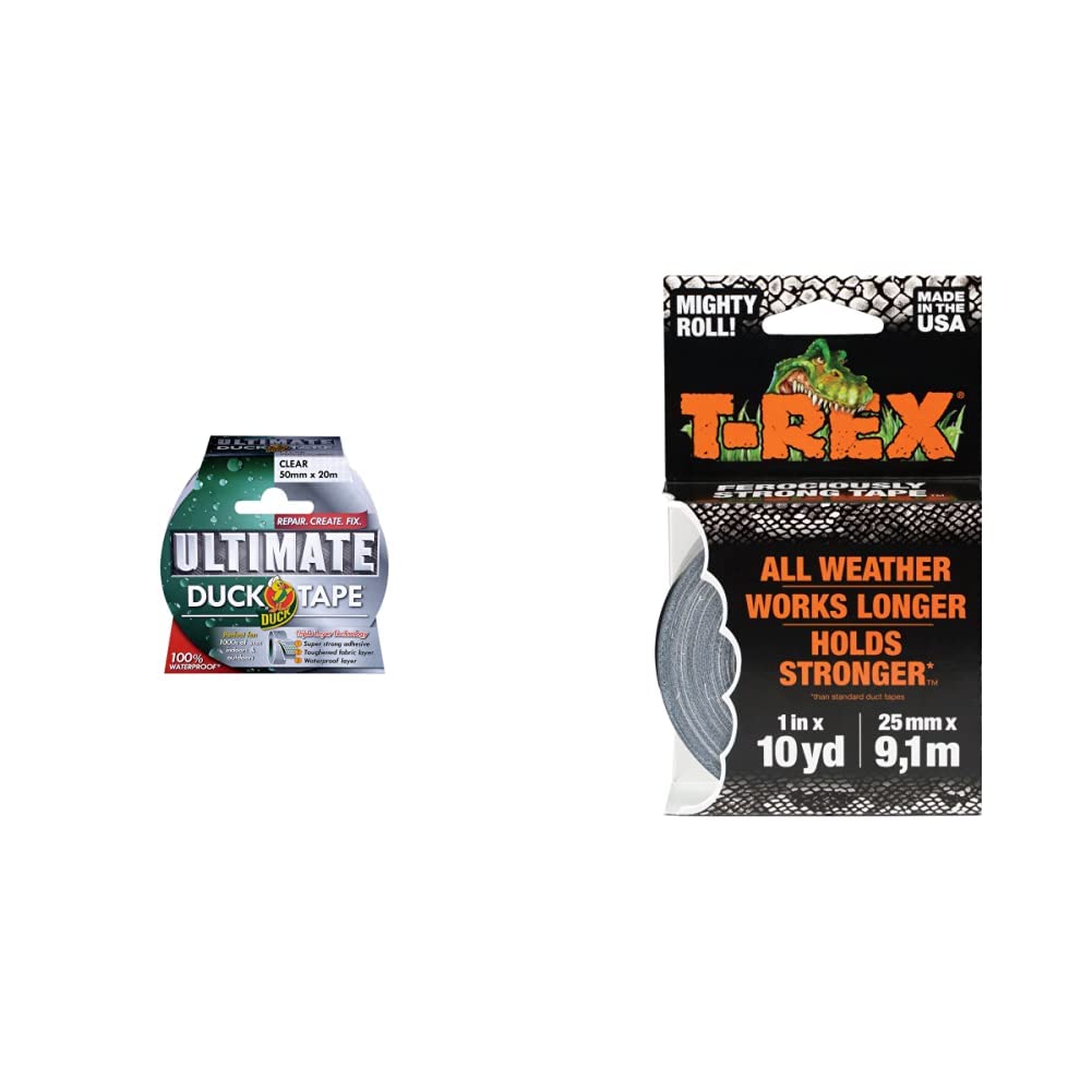 DuckTape Ultimate Cloth Tape Clear 50mm x 20m & T Rex Tape Ferociously Strong Waterproof Graphite Grey Tape, 25mm x 9.14m, A High Strength Duct or Gaffer Cloth Adhesive Repair Tape