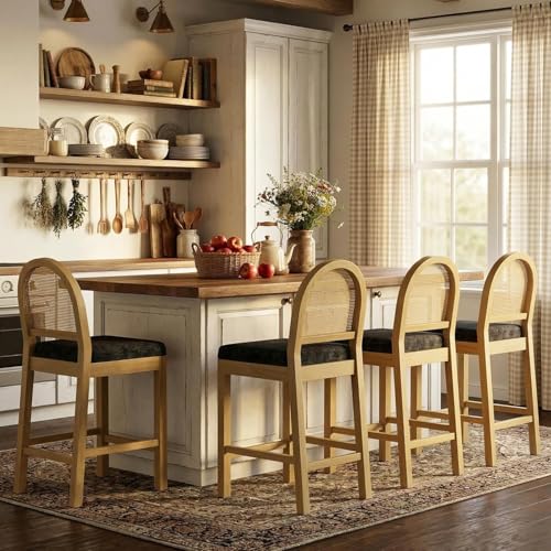 STHOUYN Upholstered Rattan Bar Stools Set of 4 Wooden Counter Height Stools with Natural Rattan Back and Chenille Seat Mid-Century Modern Island Chairs Barstools for Kitchen