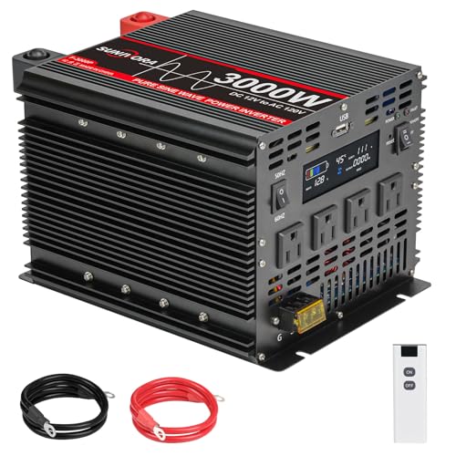 Image of Sunivora 3000W Pure Sine Wave Power Inverter 12V DC to 110V AC Converter Peak Power 6000W Car Inverter with 4 AC Outlets, 1 USB Port, Cables Included & Remote Controller for RV Truck Off-Grid Solar