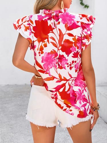 PRETTYGARDEN Women's Ruffle Short Sleeve Summer Tops 2025 Trendy Floral Trim Neck Casual Dressy Chiffon Boho Blouses Shirts4