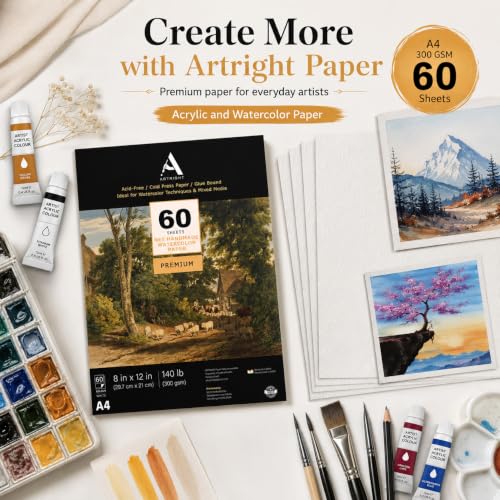 Image of ArtRight Artists' Acrylic Paper (A4 Pack of 60 Sheets, 300 GSM); 300 GSM Handmade Sheets for Gouache & Mixed Media (Papers for Acrylic & Gouache Media)