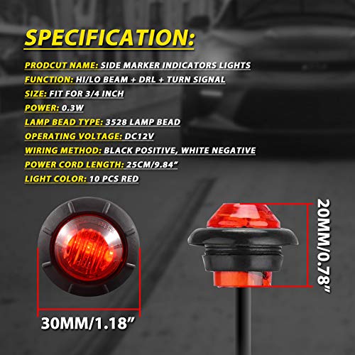 Katur 3/4Inch Round Led Front Rear Side Marker Indicators Light Waterproof Bullet Clearance Marker Light 12V For Car Truck (Red) #TOP4
