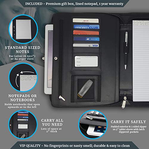 Leather Business Portfolio With Zipper - Black Portfolio Binder Organizer - Padfolio For Men & Women With 10.5 Inch Tablet Pocket By Lautus Designs #TOP2