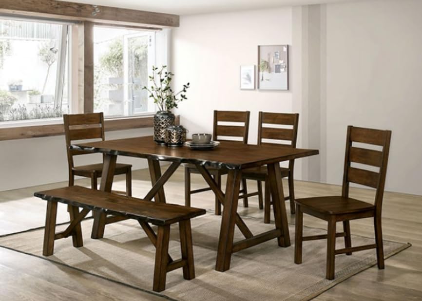 MASARA Rustic Solid Wood Dining Bench, Live Edge Design, Walnut Brown, Distressed Finish