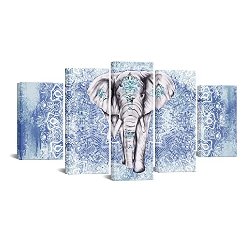 Rnnjoile Mandala Elephant Wall Decor Boho Elephant Picture Prints On Canvas Blue And Grey Elephant Painting For Living Room Bedroom Large #TOP7