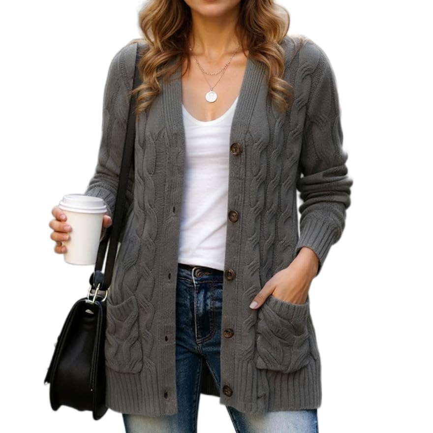 Womens Chunky Cable Knit Cardigan Button Down Long Sleeve Open Front Sweaters Fall Winter Outerwear with Pockets