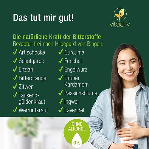 VITACTIV Bitterkräuter - Bittertropfen ohne Alkohol - Erlesene Kräuter plus Cholin & Zink - Bitterstoffe Tropfen nach Hildegard von Bingen - Ohne Künstliche Zusätze, Zuckerfrei, Vegan - 50ml