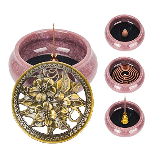 Bivinar Ceramic Incense Burner With Lid, Cone Incense Burner With Brass Incense Sticks Holder For Home Office Outdoor Yoga Aromatherapy Ornament (Pink) #TOP3